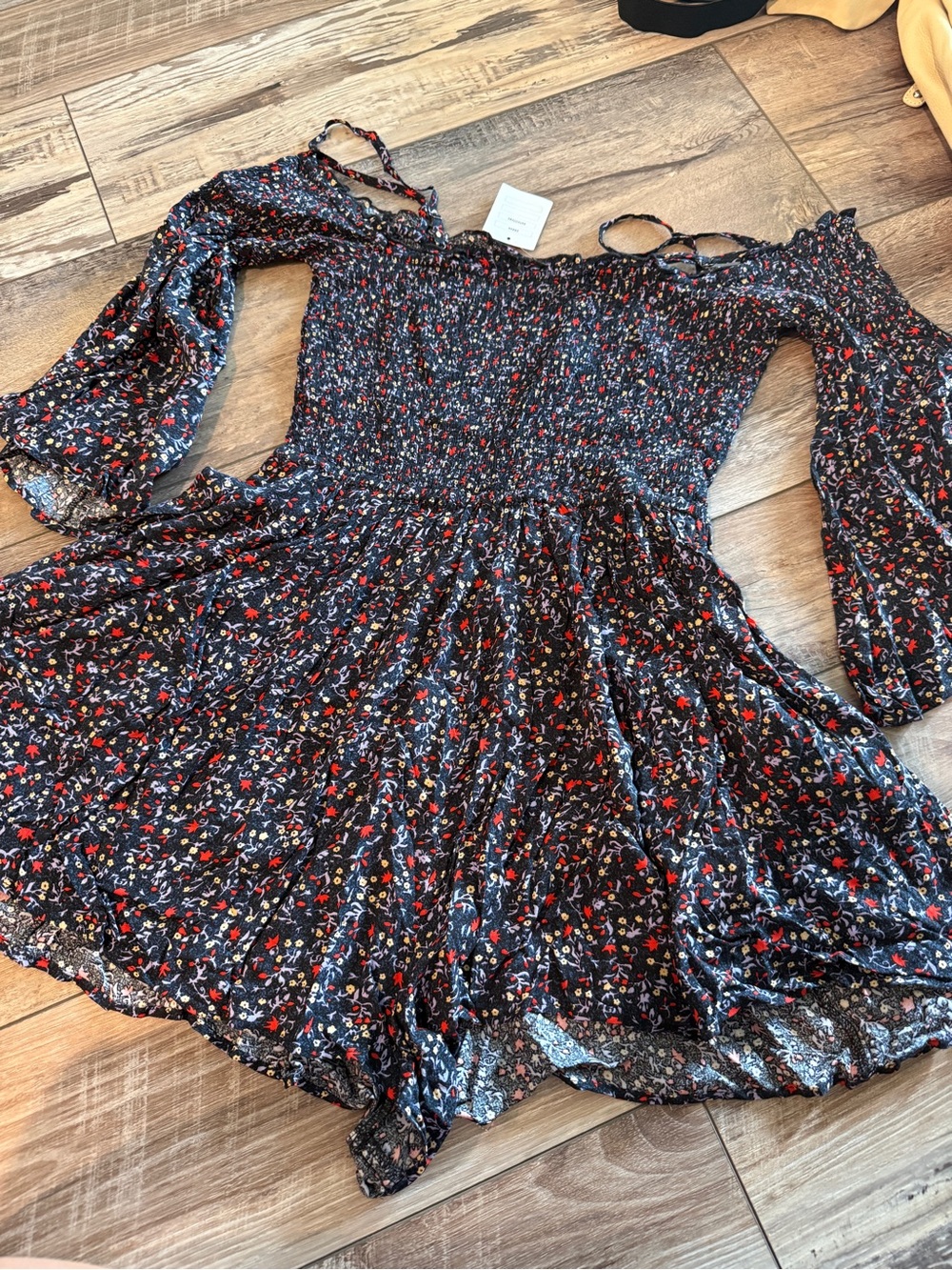 Ecote Black Floral Off-Shoulder Romper with Red & Blue Print
